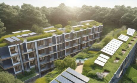 eco-friendly apartment complex with solar panels, green roofs, and gardens